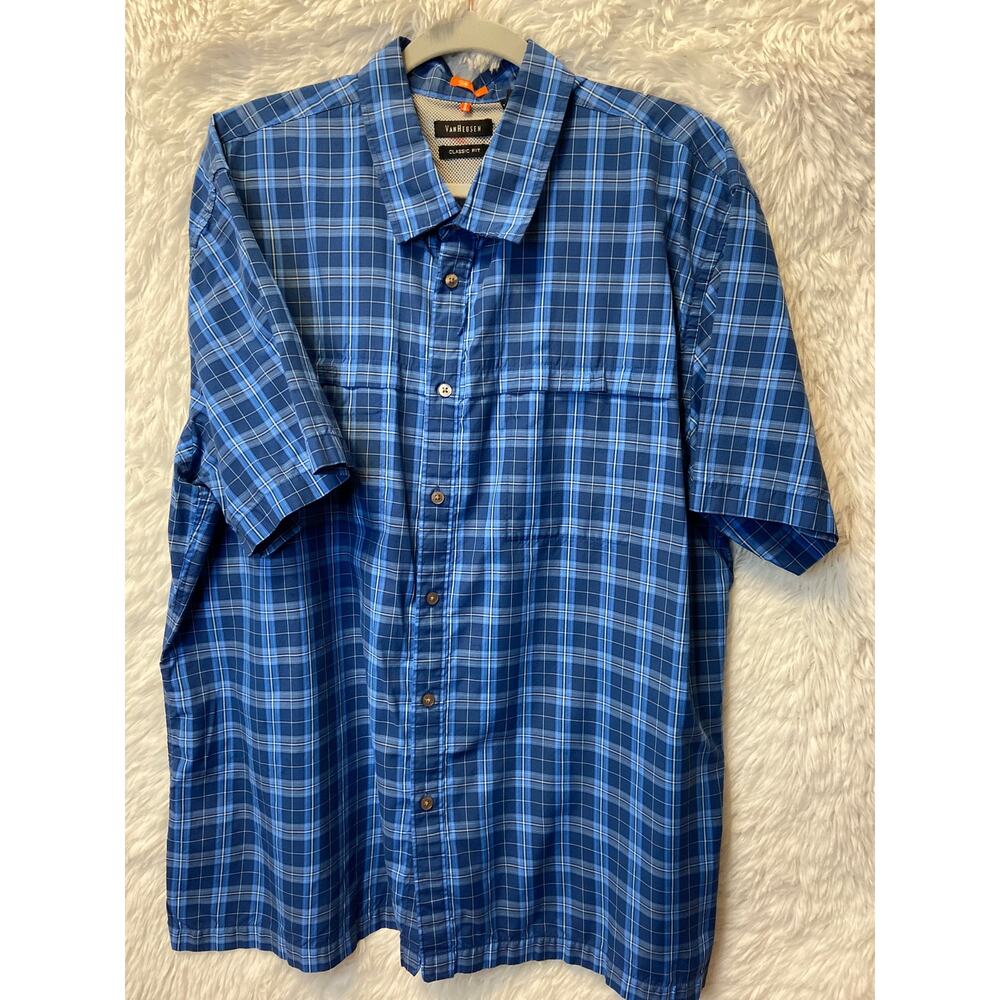 Van Heusen, Men's Blue Plaid Classic Fit S/S Velcro Chest Pocket Shirt, Size XXL